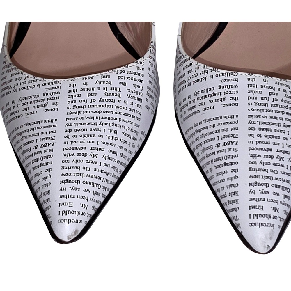 John Galliano Paris Newspaper Print Slingback Heels Womens 9.5 White Black EUC - Picture 7 of 12